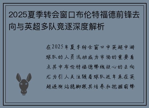 2025夏季转会窗口布伦特福德前锋去向与英超多队竞逐深度解析